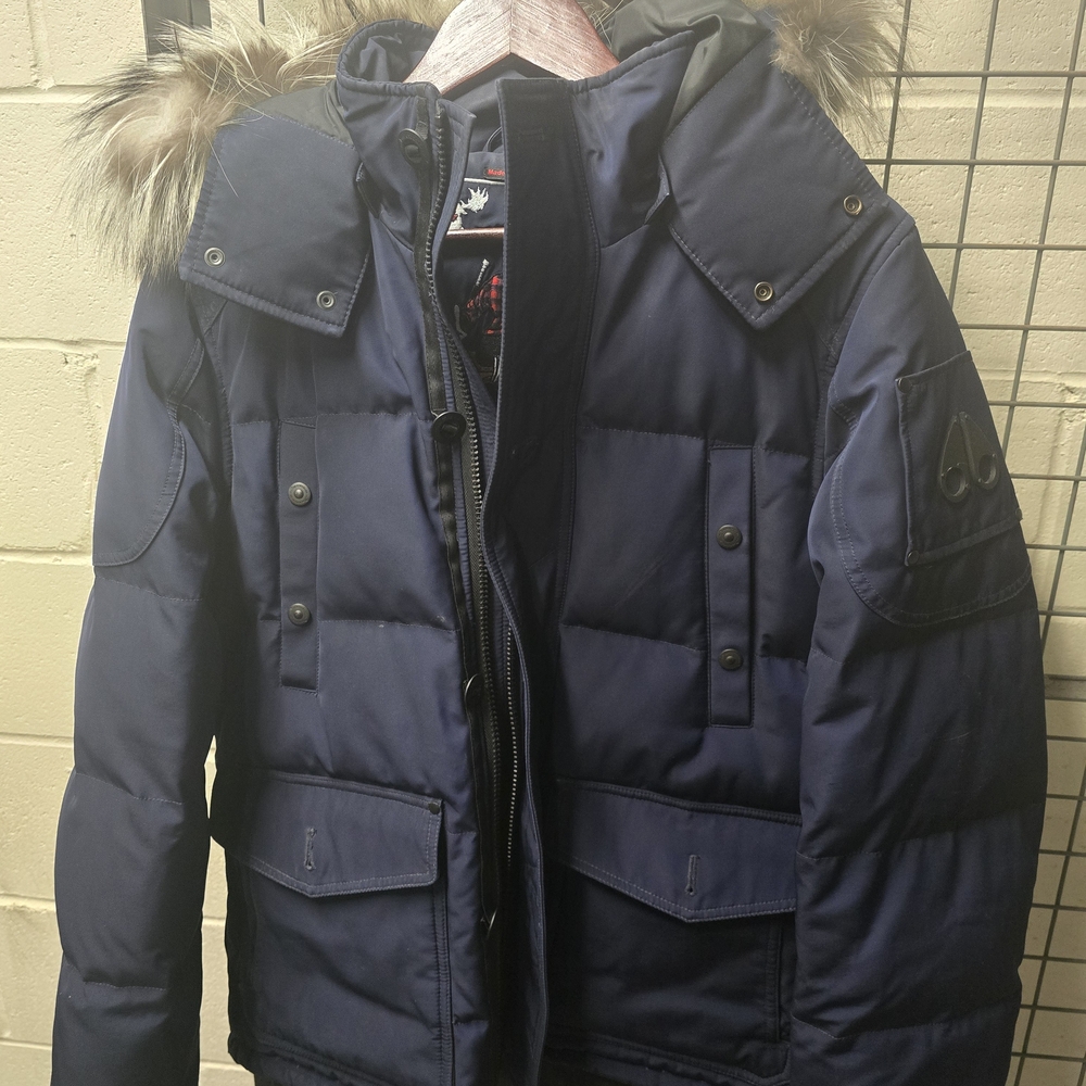 Moose Knuckles Dark Blue Puffer Jacket with Fur Trim
